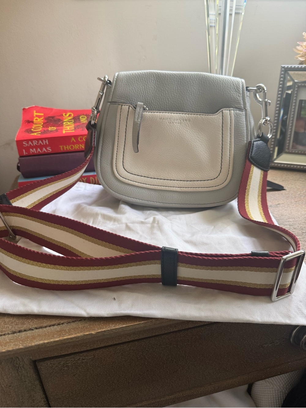 Marc Jacobs Grey and Cream Pebbled Leather Crossbody with Red-Striped Strap